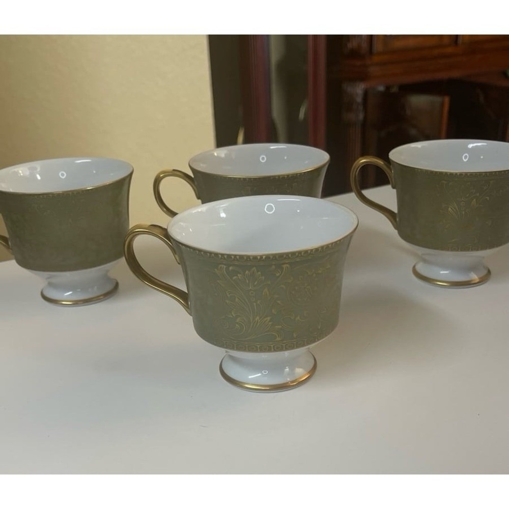 Vintage Sango China Versailles 3632 Footed Cups Set of 4 Green Gold Tea Coffee